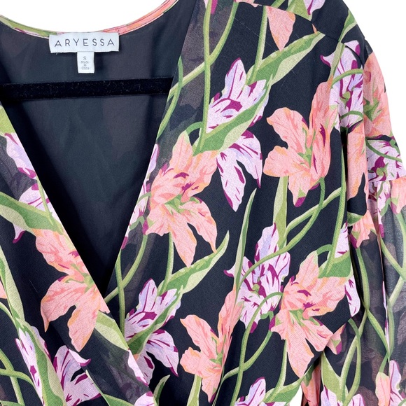 Anthropologie Aryessa Trellis Floral Wrap Dress Balloon Sleeve Small Black Pink - Picture 12 of 15